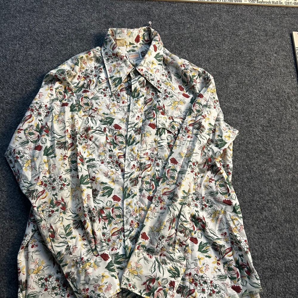Karman Shirt Mens Size M Cream Floral Pearl Snap Vintage Western Long Sleeve